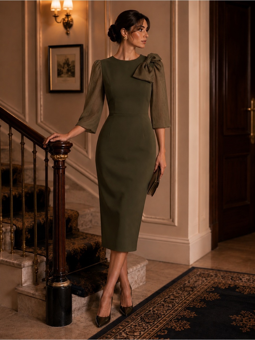 Elise Olive Green Sculpted Hourglass Midi Dress Bow Sleeve 1940s Inspired Size M